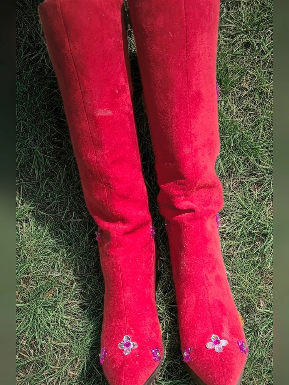 NWT Women’s Red Faux Suede Knee Stiletto Boots 6.5M, Embellished With Gems